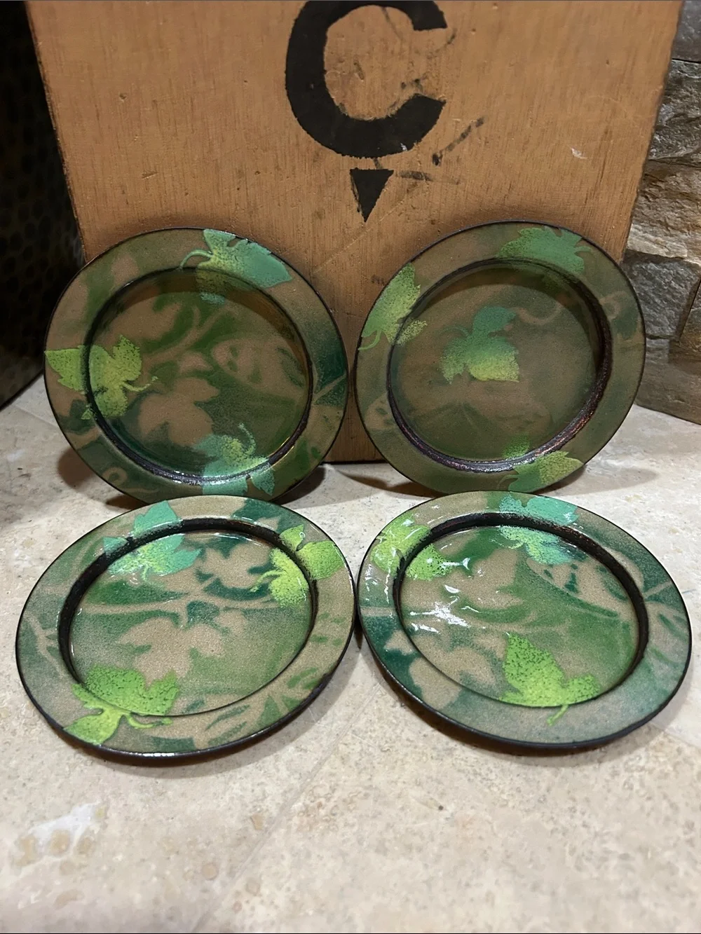 vintage handmade enamel on copper decorative Drink Coaster Set of 4